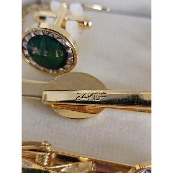 Agency for Defense Development Cuff Link Tie Bar Set Gold Tone W/Box Green Black - Picture 4 of 5